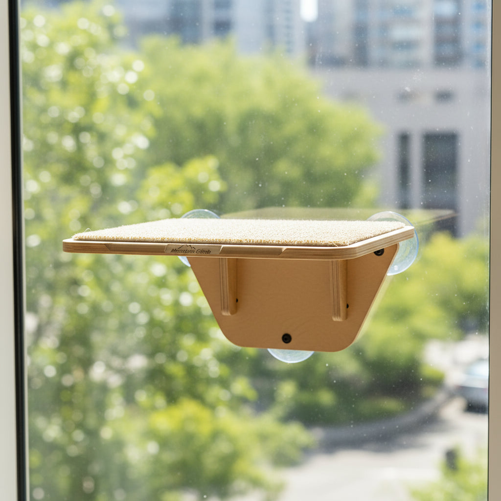 Cat window perch attached to a glass door with a blurred outdoor background