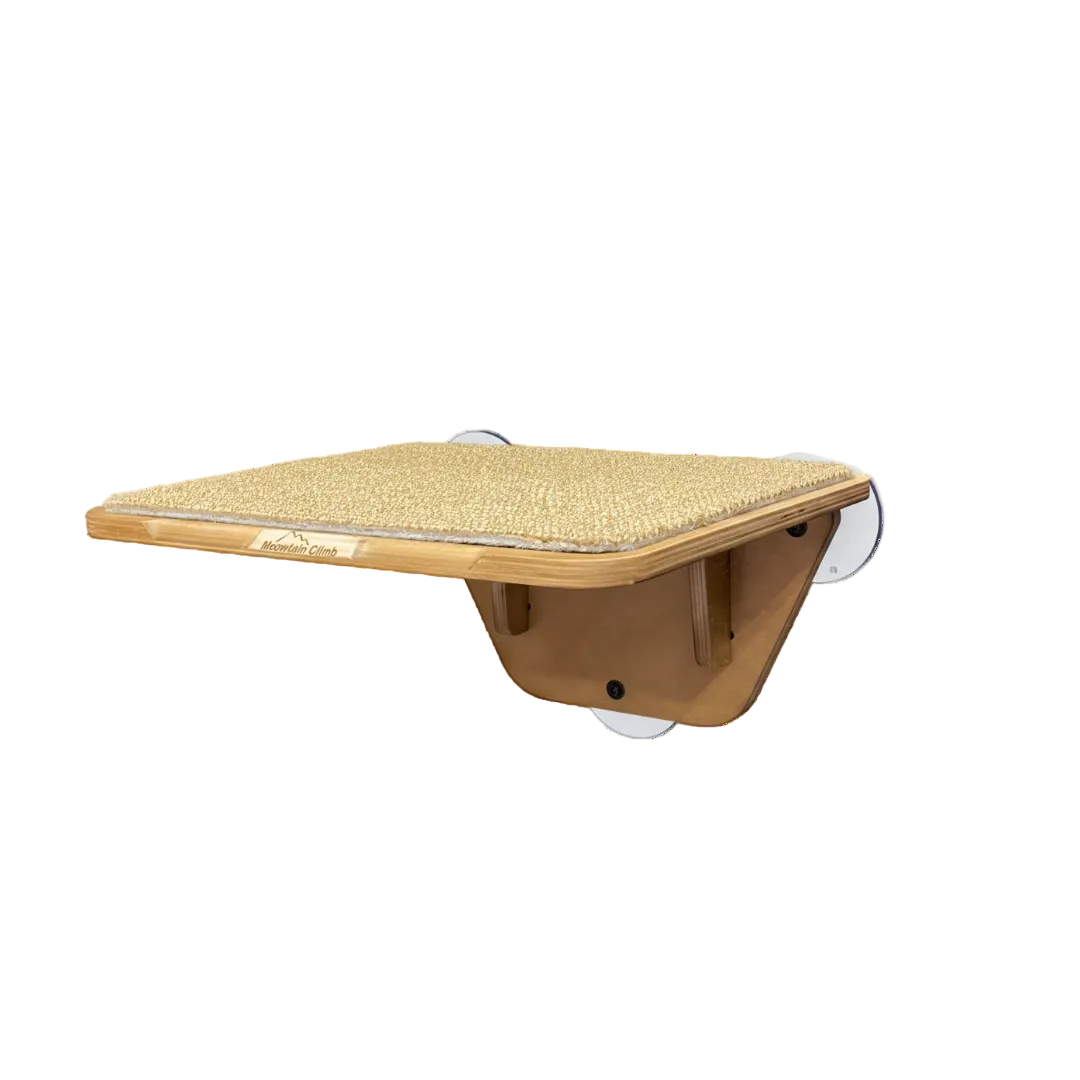 Wooden cat shelf with sisal surface on a white background